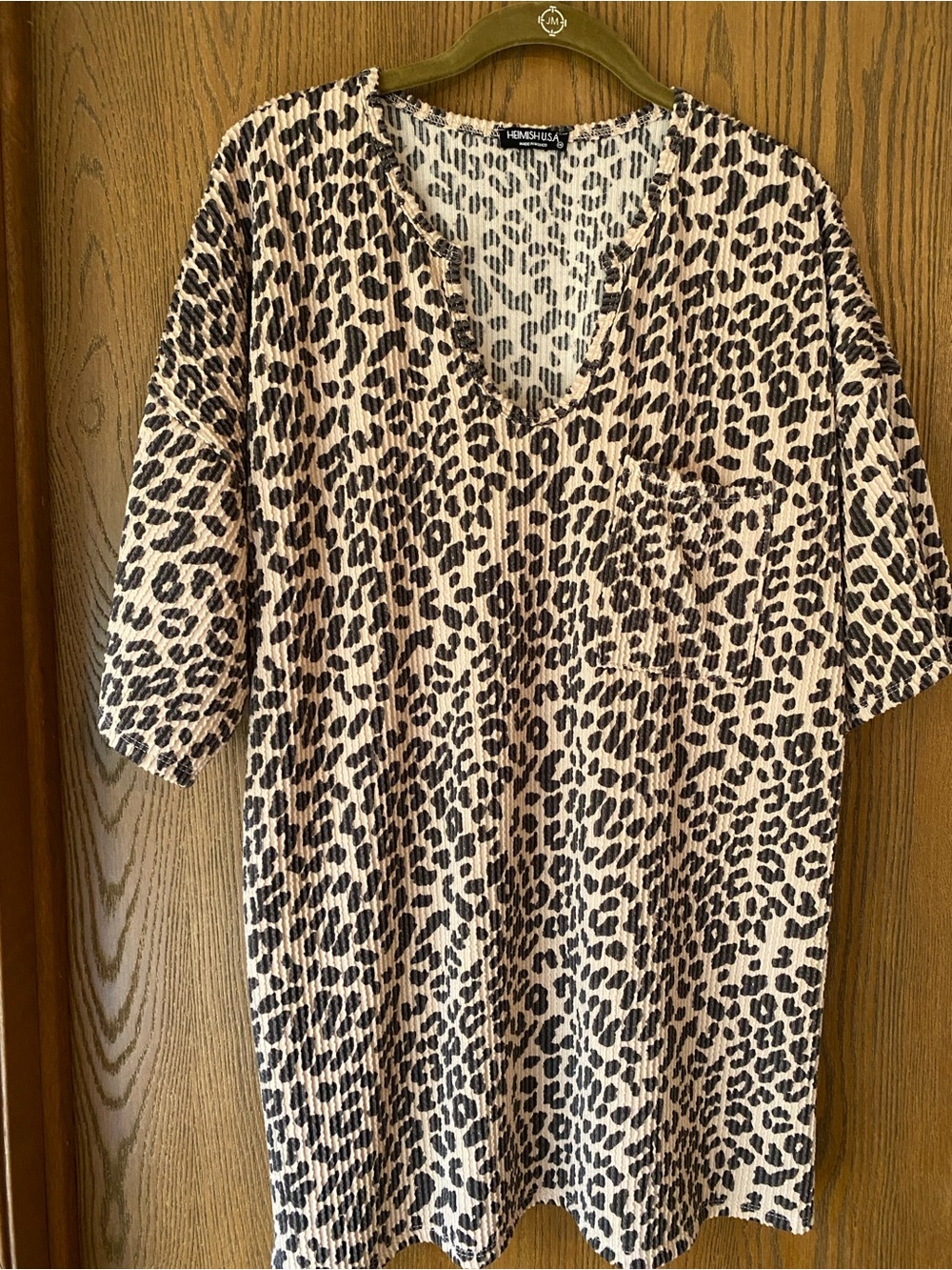 Heimish Leopard Print Ribbed S/S Top. Taupe & Charcoal, Sz 1X